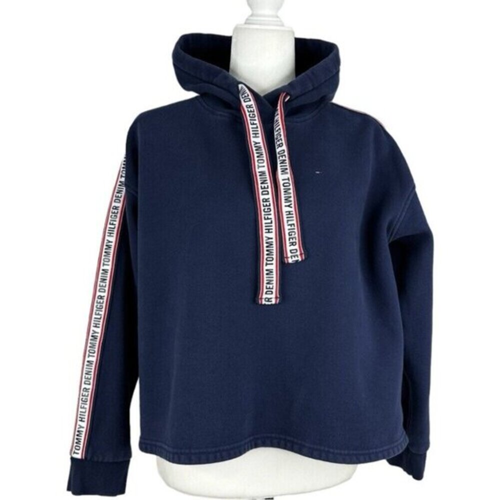 Tommy Hilfiger Denim Womens XL Navy Blue Logo Tape Sleeve Pullover Hoodie Fleece